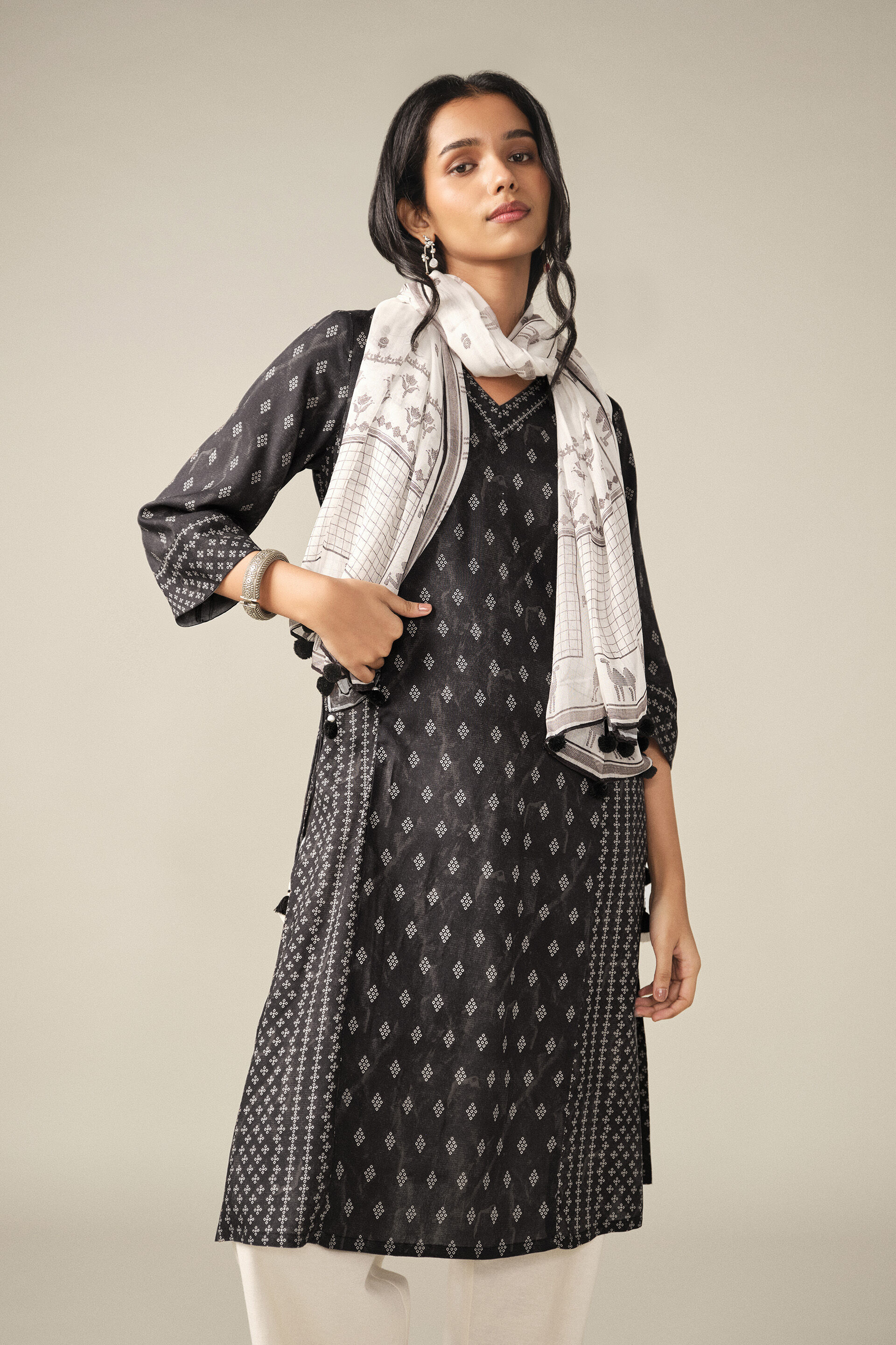 Printed A-line Kurta in Black, Black, image 4